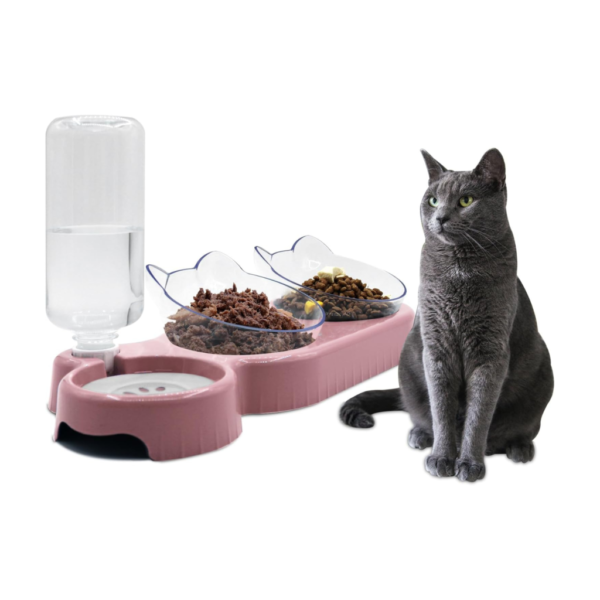 3-in-1 Tilted Cat Bowls – Double Food & Automatic Water Feeder